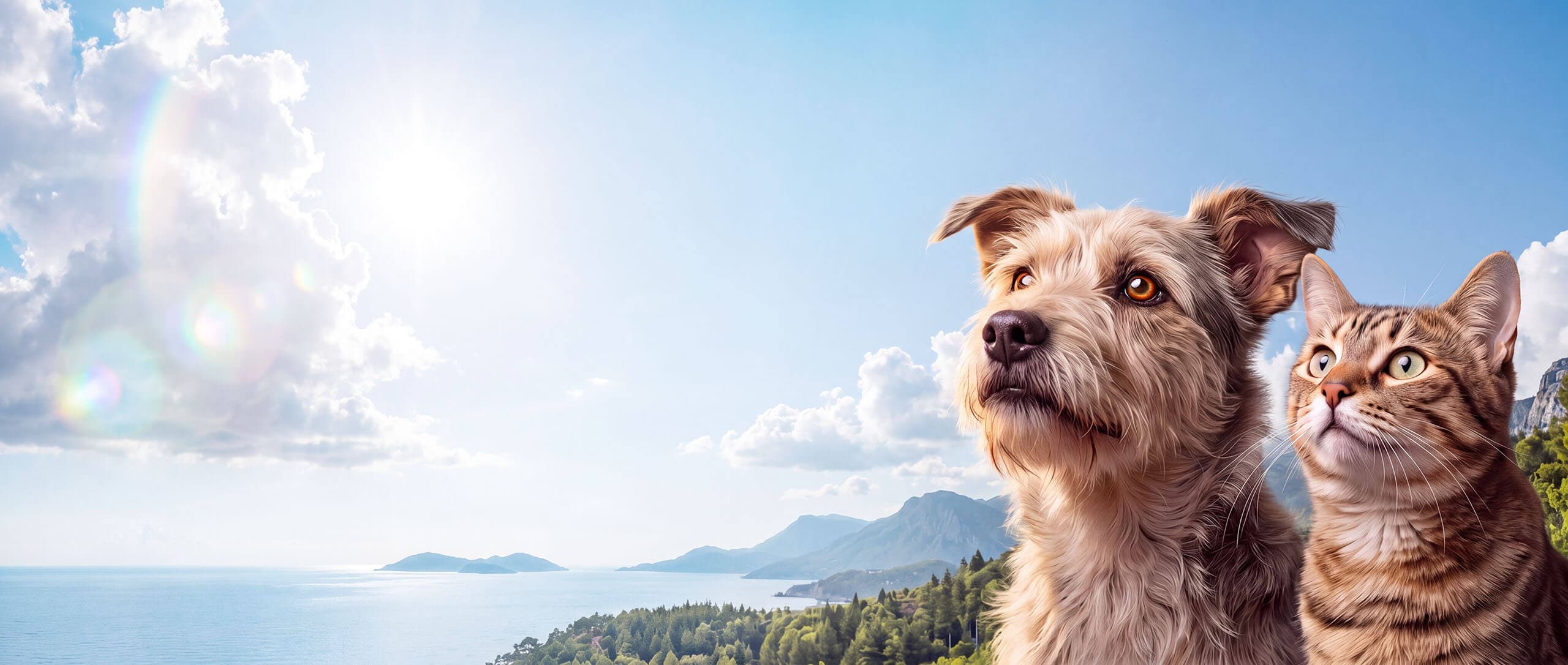 A scruffy dog and a tabby cat gazing up at a bright sky above a coastline