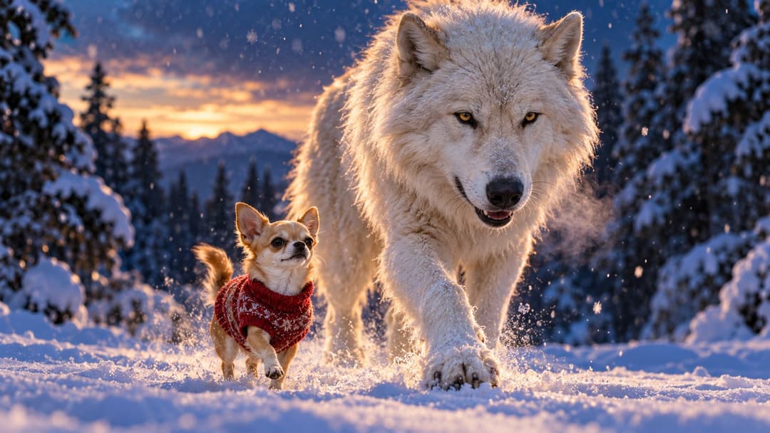 Illustration of a huge pale wolf striding through a snowy forest at dusk, with a tiny Chihuahua in a red knitted sweater trotting confidently beside it