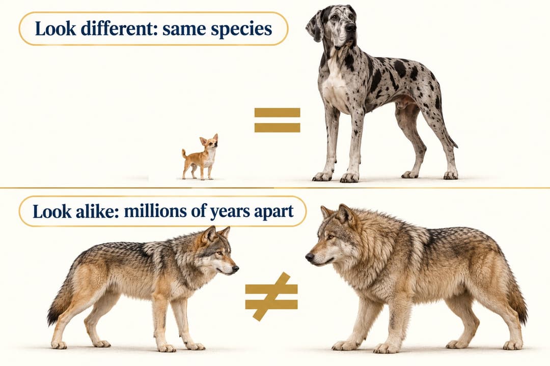 Infographic contrasting a Chihuahua and a Great Dane labeled "look different, same species" with a gray wolf and a dire wolf labeled "look alike, millions of years apart"