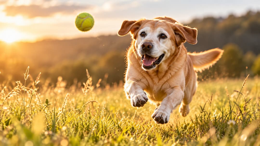 Photo-style illustration of a gray-muzzled senior yellow Labrador bounding through a sunlit meadow after a tennis ball