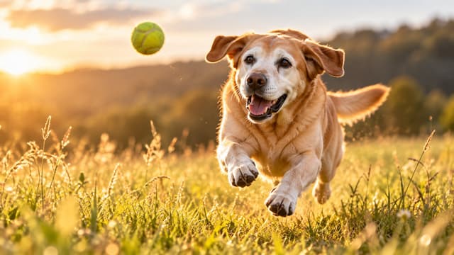 Photo-style illustration of a gray-muzzled senior yellow Labrador bounding through a sunlit meadow after a tennis ball