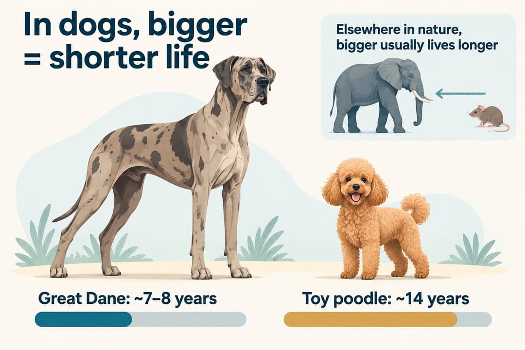 Illustration comparing a Great Dane, labeled about 7 to 8 years, with a toy poodle, labeled about 14 years, beside an inset showing an elephant and a mouse