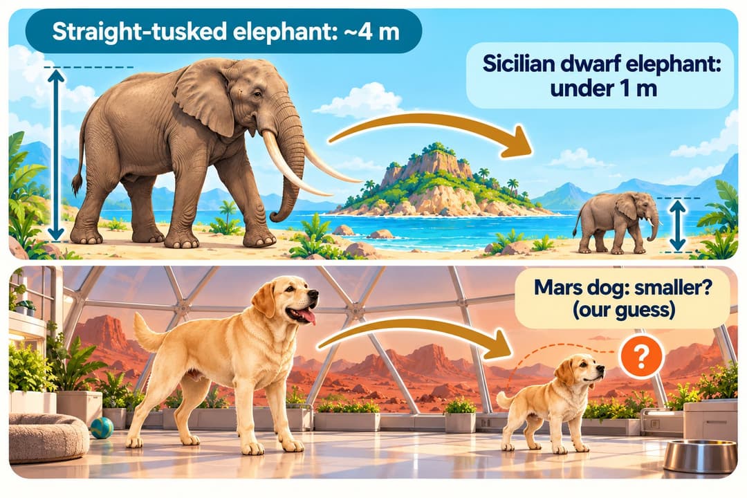 Illustration showing a 4-meter straight-tusked elephant shrinking to a Sicilian dwarf elephant under 1 meter tall, above a Labrador and a smaller dog inside a Mars dome labeled as our guess