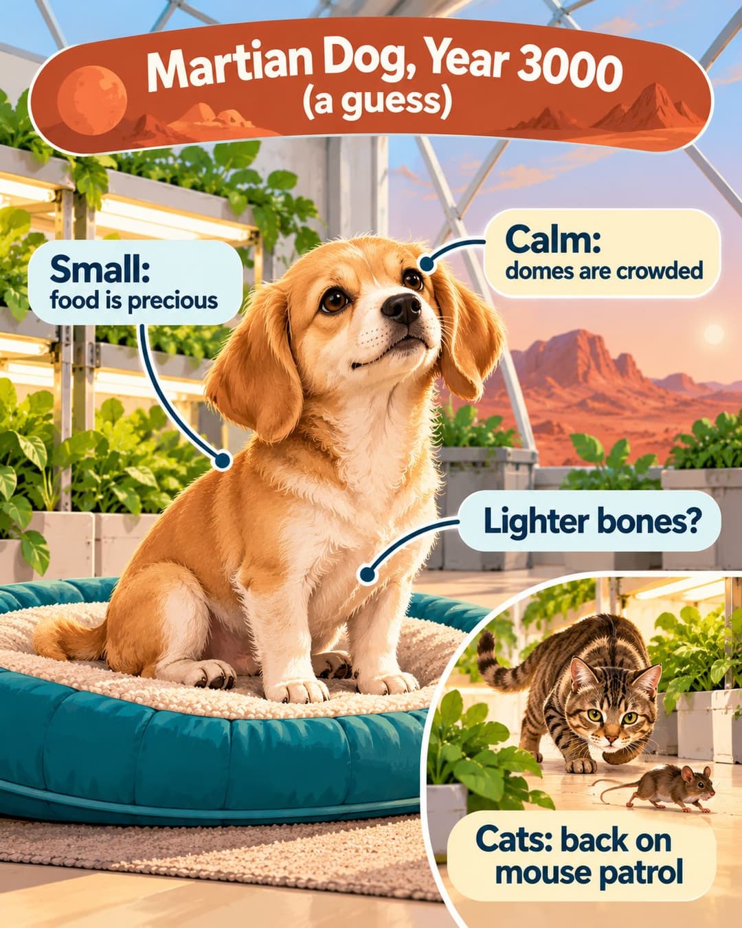 Field-guide style illustration of a small, calm, floppy-eared dog on a cushion in a Mars dome, labeled small, calm and lighter bones, with an inset of a cat stalking a mouse