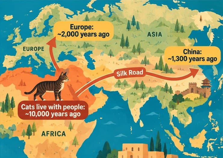 Illustrated map showing house cats spreading from North Africa and the Near East into Europe around 2,000 years ago and along the Silk Road to China around 1,300 years ago