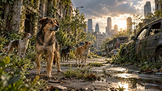 Illustration of a small group of mixed-breed dogs on an empty, overgrown London street, with abandoned cars and a red bus behind them