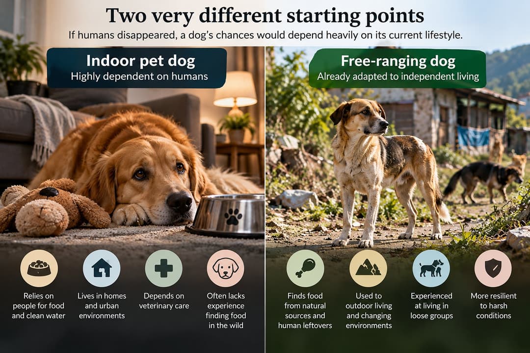 Split-panel illustration comparing an indoor pet dog, relying on people for food, water and vet care, with a free-ranging village dog used to finding food and shelter outdoors