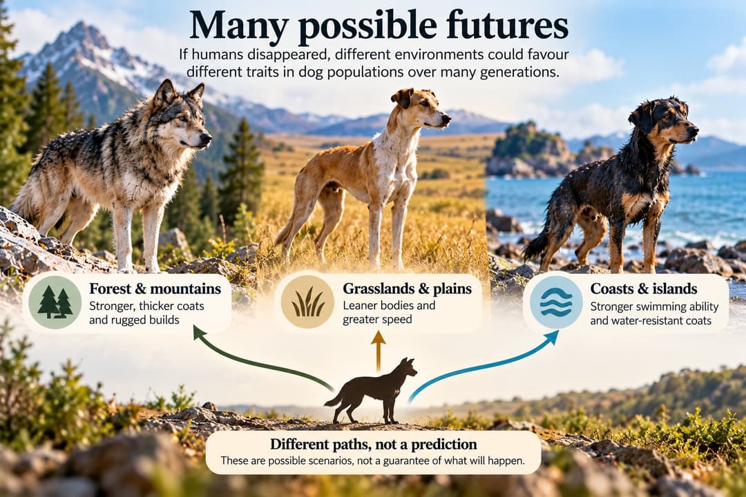 Illustration of three hypothetical dog populations: a thick-coated, wolf-like dog in forest and mountains, a lean dog on grassland, and a wet, water-loving dog on a rocky coast, branching from a single dog silhouette