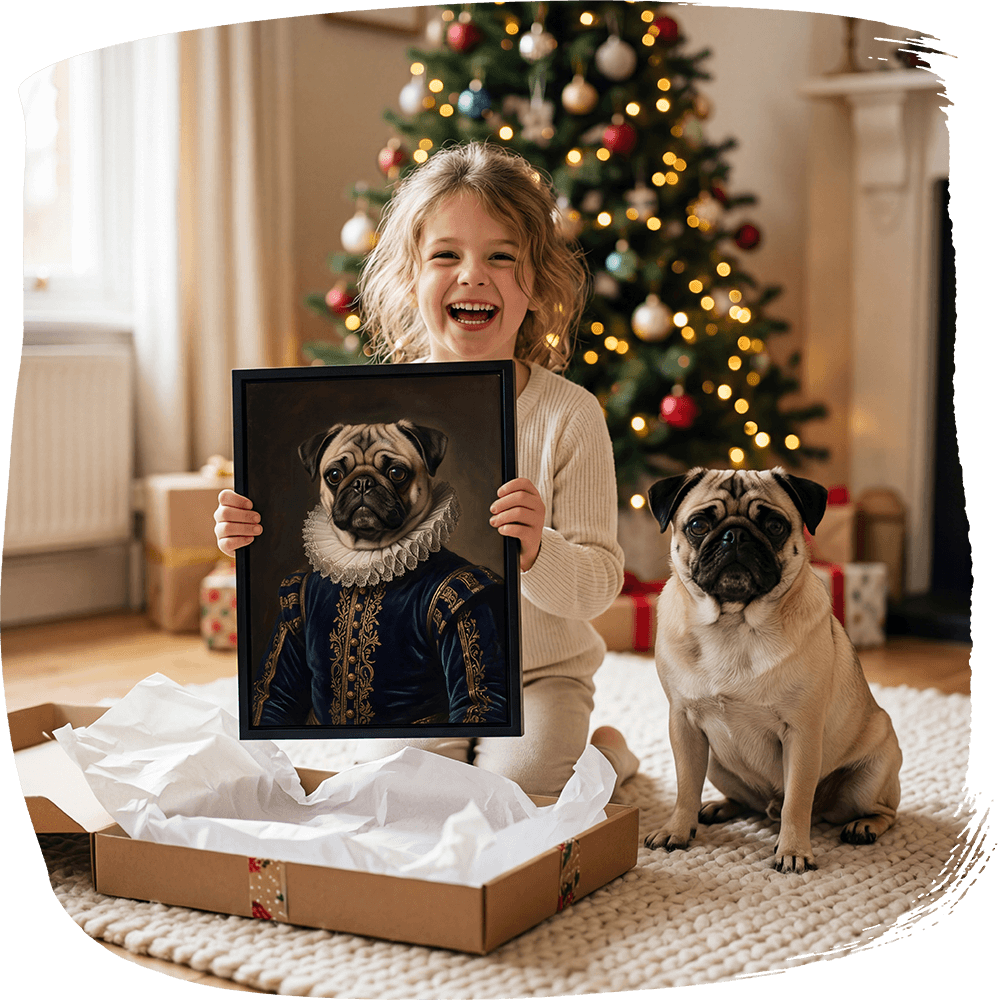 Custom pet portrait example — a dog transformed into a Renaissance noble