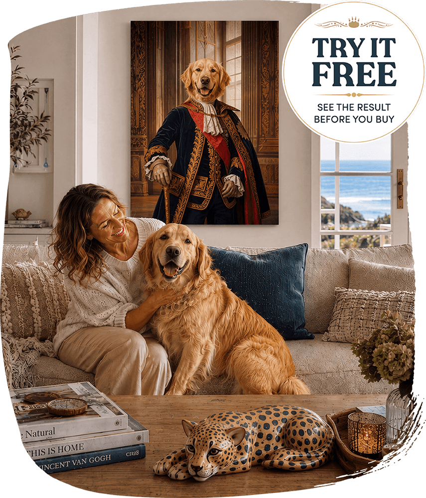 Custom pet portrait example — a woman relaxing with her Labrador, who received a custom pet portrait as a gift for herself