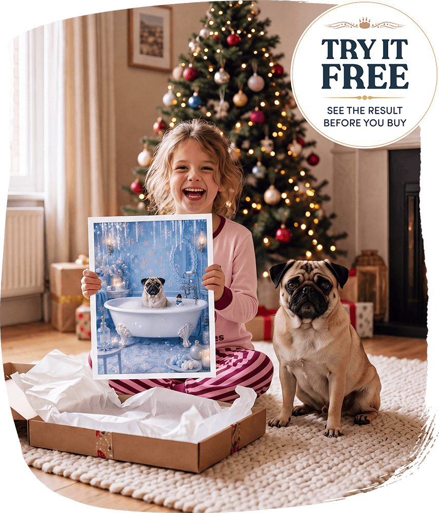 Custom pet portrait example — a young girl with her pug, who received a custom pet portrait as a Christmas present