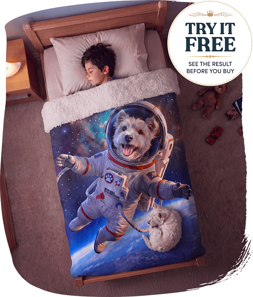 Custom pet portrait example — a boy asleep in bed with his dog, a custom pet portrait on the blanket beside him