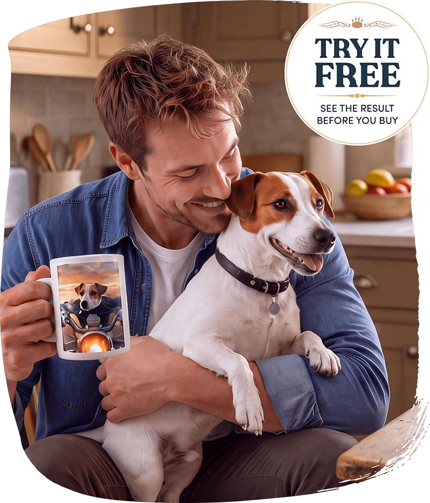 Custom pet portrait example — a man with his coffee and his dog, a custom pet portrait displayed nearby